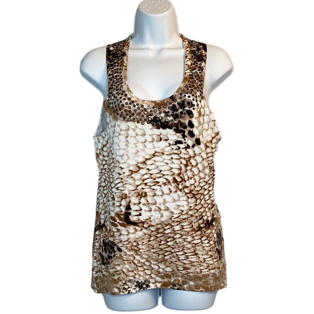 Cache Womens Sleeveless Snakeskin Print Beaded‎ Scoop Neckline Stretchy Blouse M